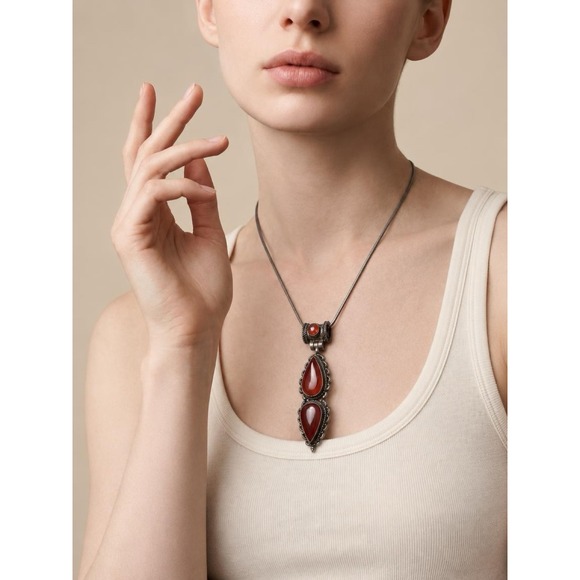 Jewelry - Vintage 925 Sterling Silver Red Carnelian Stone Necklace 15"